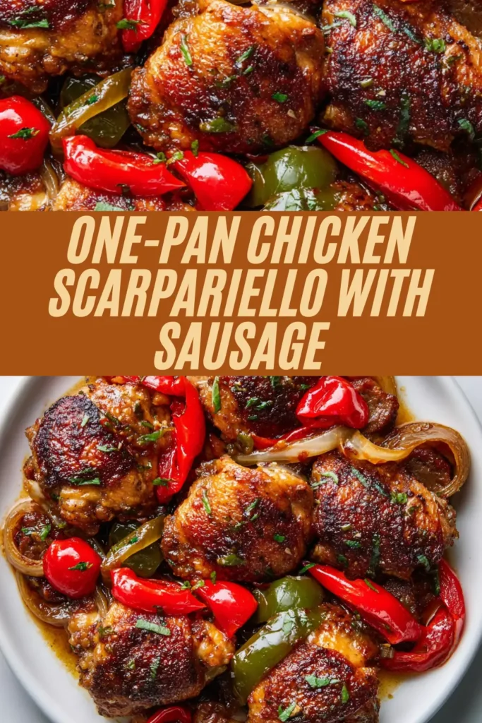 One pan chicken scarpariello featuring seared chicken thighs, sausage, peppers, and onions in glossy sauce piled on white plate
