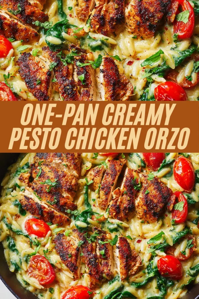 one-pan creamy pesto chicken orzo skillet with sliced seasoned chicken spinach and cherry tomatoes