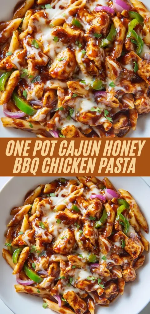 one pot cajun honey BBQ chicken pasta with penne, chicken, peppers, onions, cheese from top and bowl views