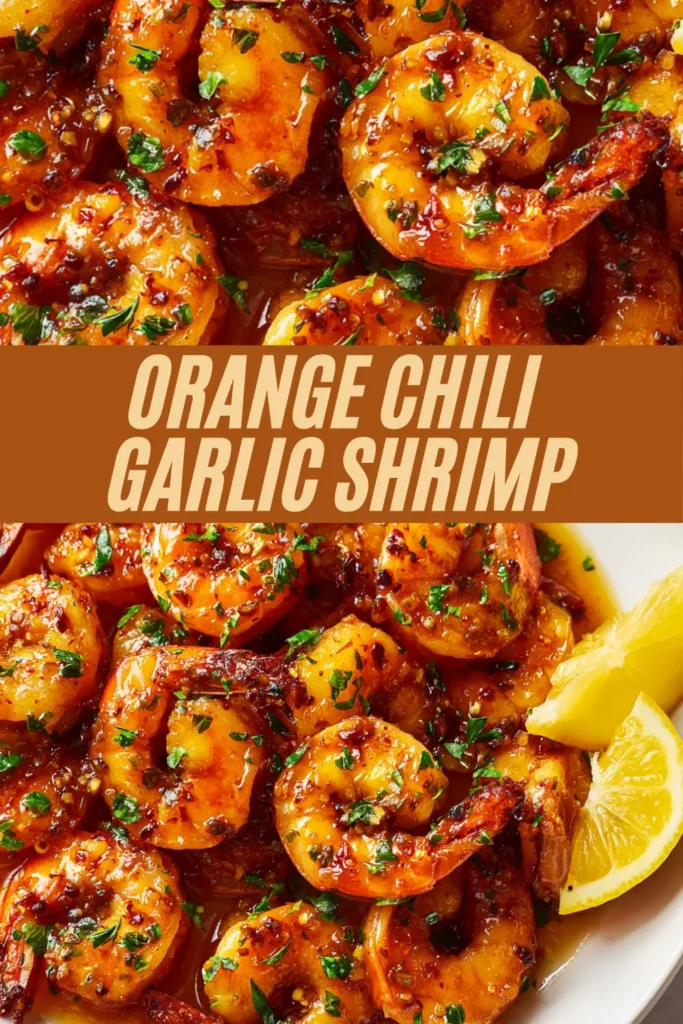 Orange chili garlic shrimp in multiple shots showing glossy sauced shrimp garnished with parsley and lemon in serving bowl
