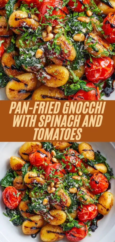 pan-fried gnocchi with spinach tomatoes pine nuts, tray view and close-up bowl with balsamic