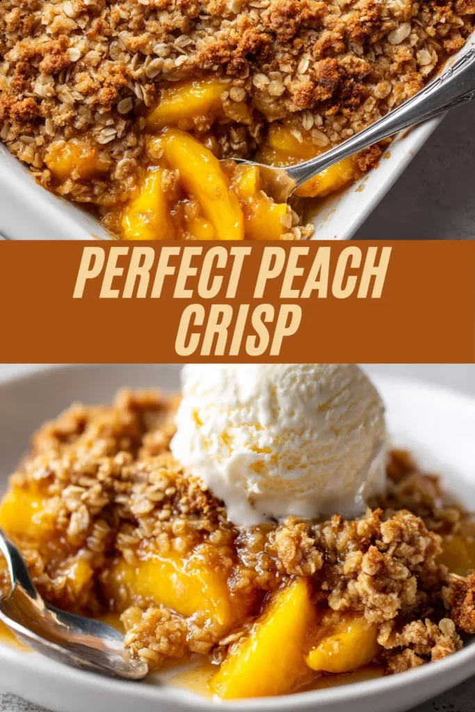 Vertical pin of peach crisp recipe showing baked dish and ice cream serving with bold title overlay