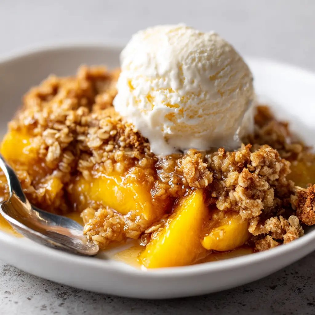Serving of warm peach crisp topped with melting vanilla ice cream scoop in white bowl with spoon