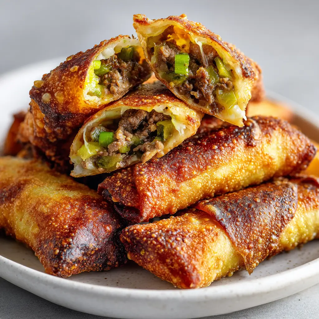Philly cheesesteak egg rolls stuffed with steak, peppers, onions, and cheese, stacked and crispy fried