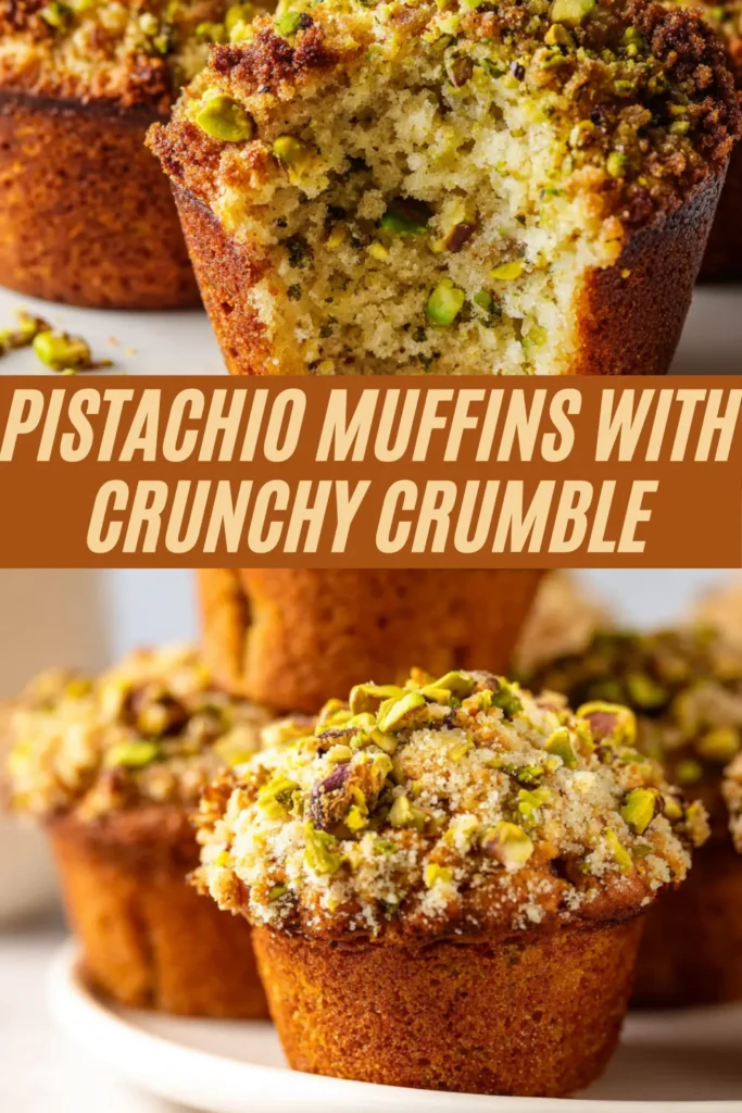 Pistachio muffins with thick crunchy crumble topping, one split open revealing soft green crumb beside stacked muffins