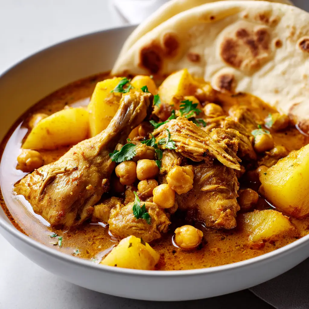 Close-up of chicken on bone with chickpeas and potatoes in thick yellow curry gravy garnished with cilantro beside naan bread