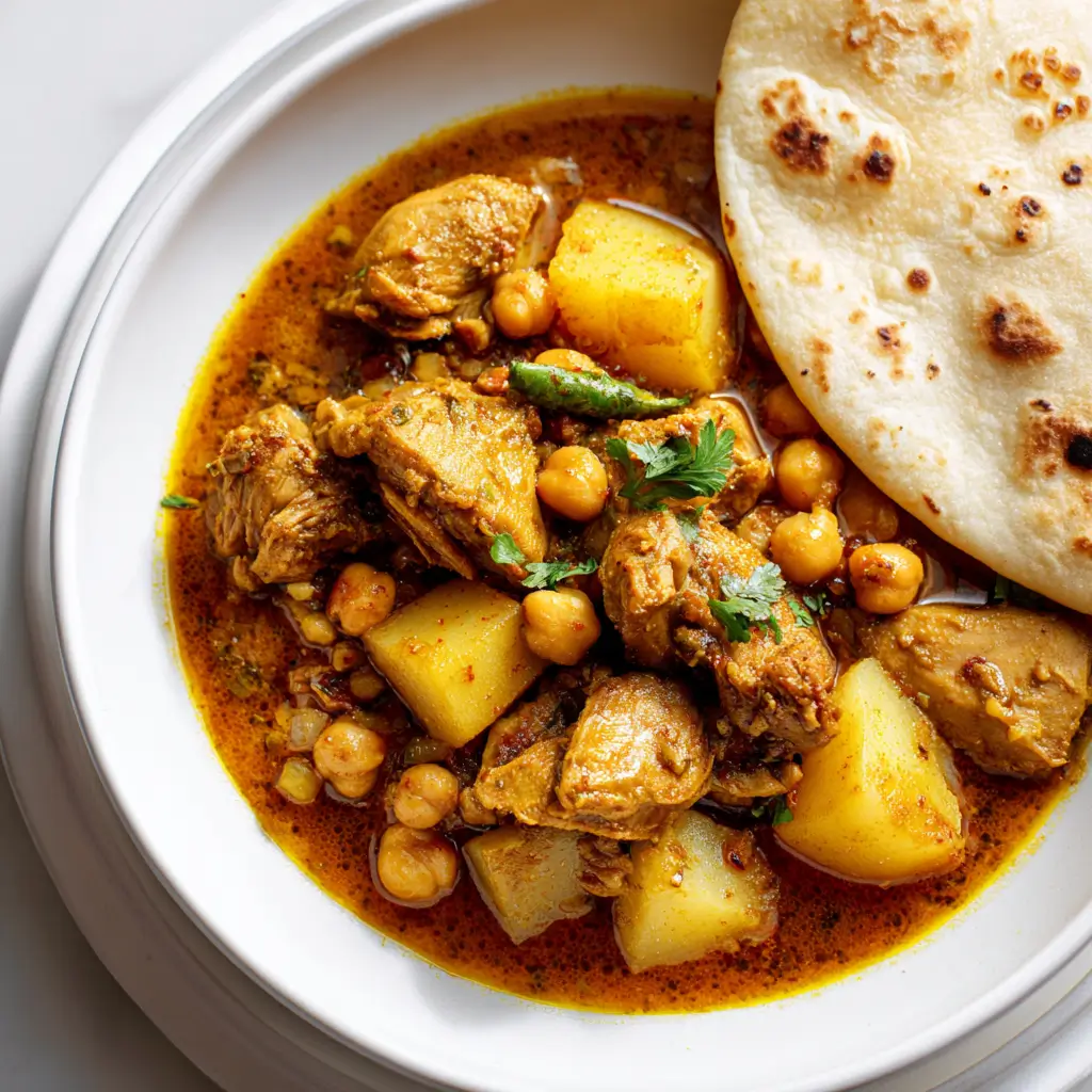 Bowl of curry chicken with chickpeas, potatoes, green peppers, and fresh cilantro served with fluffy naan bread on white plate
