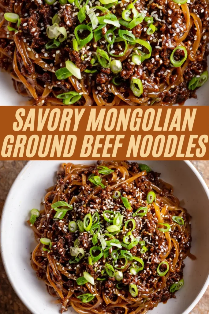 Savory Mongolian ground beef noodles garnished with green onions and sesame seeds in glossy sauce