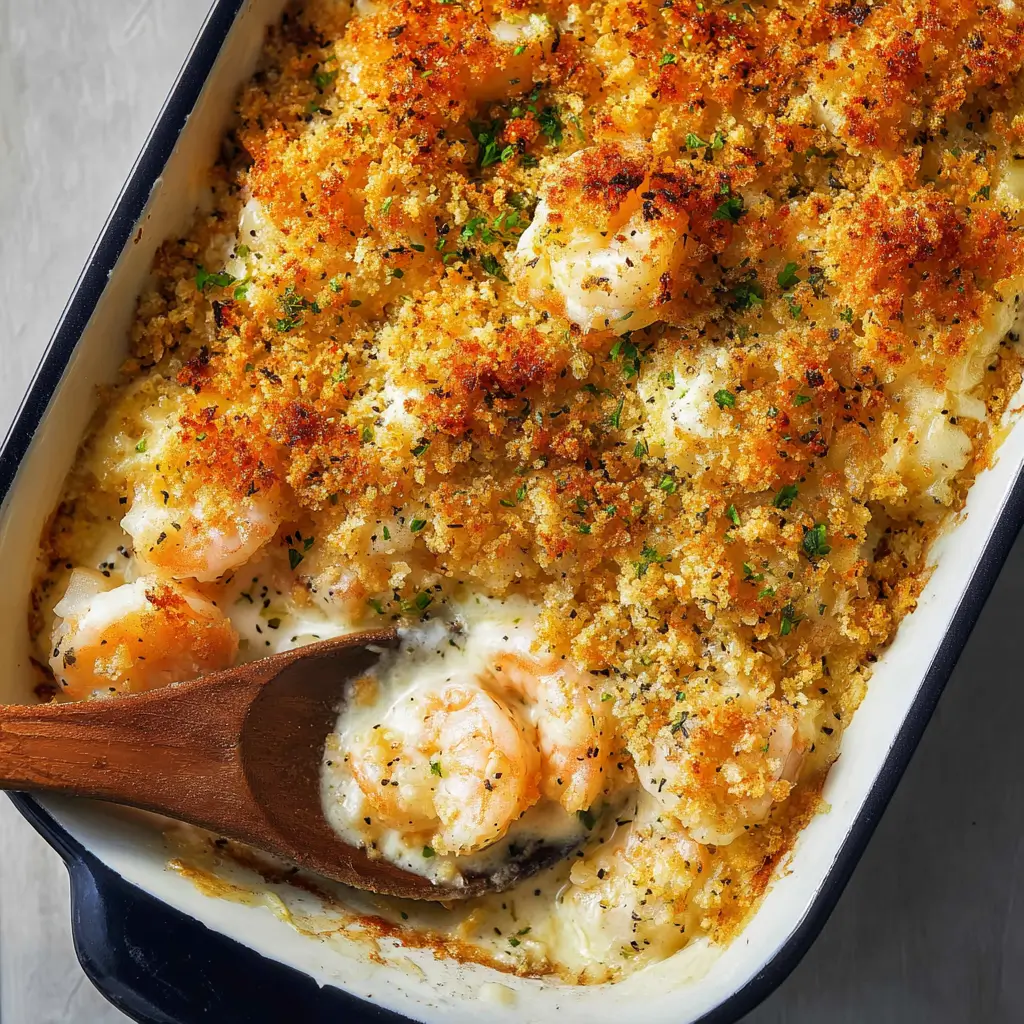 Shrimp casserole baked golden with panko breadcrumb crust, creamy rice, parsley spooned serving