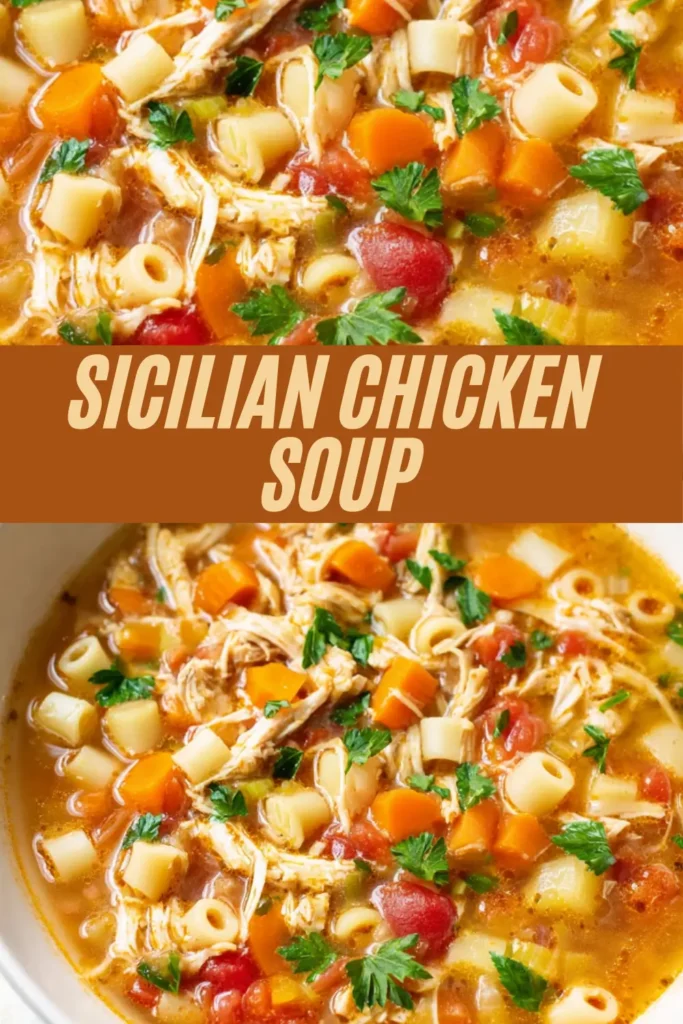 Vertical recipe pin for Sicilian chicken soup showing pasta veggie loaded bowls with orange title overlay