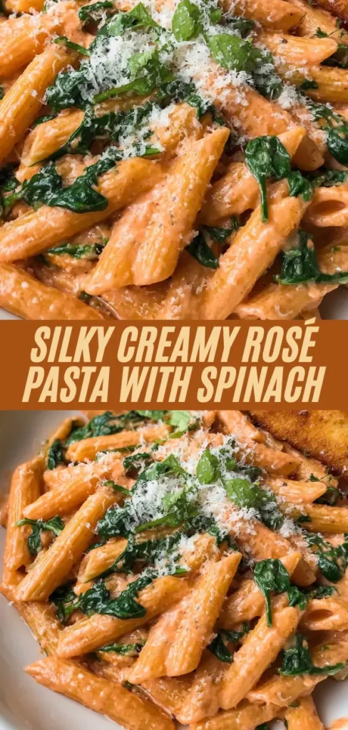 Silky creamy rosé pasta with spinach, parmesan cheese and parsley in multiple plated views