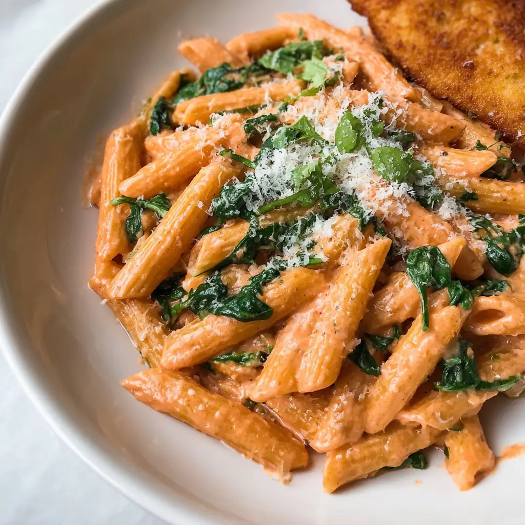 Silky creamy rosé pasta tossed with fresh spinach leaves, parmesan cheese, parsley and served with crispy fried element