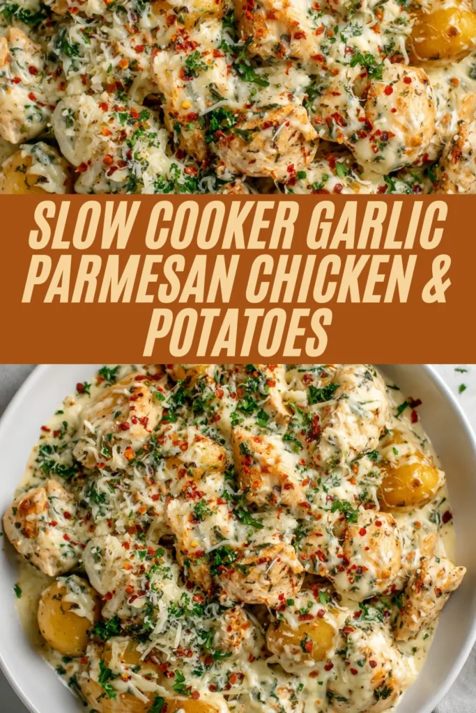 Slow cooker garlic parmesan chicken and potatoes with tender chicken, baby potatoes, creamy sauce, grated parmesan, chopped parsley, and red pepper flakes in a white bowl.