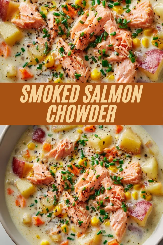 Vertical recipe graphic of creamy smoked salmon chowder with potatoes corn carrots and chive topping