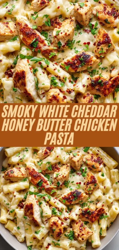 Creamy smoky white cheddar honey butter chicken pasta with tender chicken and garnished herbs