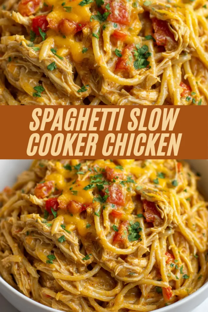 Slow cooker chicken spaghetti recipe pin with creamy cheesy pasta topped with peppers and cilantro