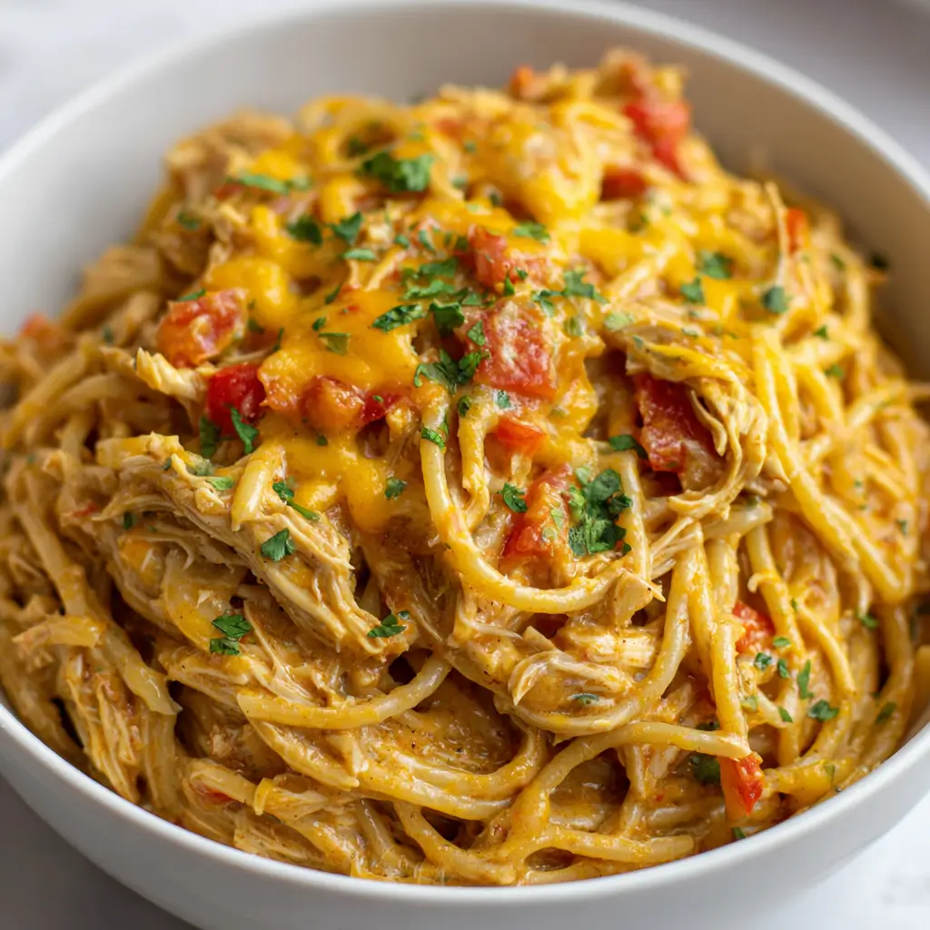 Creamy slow cooker chicken spaghetti topped with melted cheese, cilantro, and diced red peppers in bowl