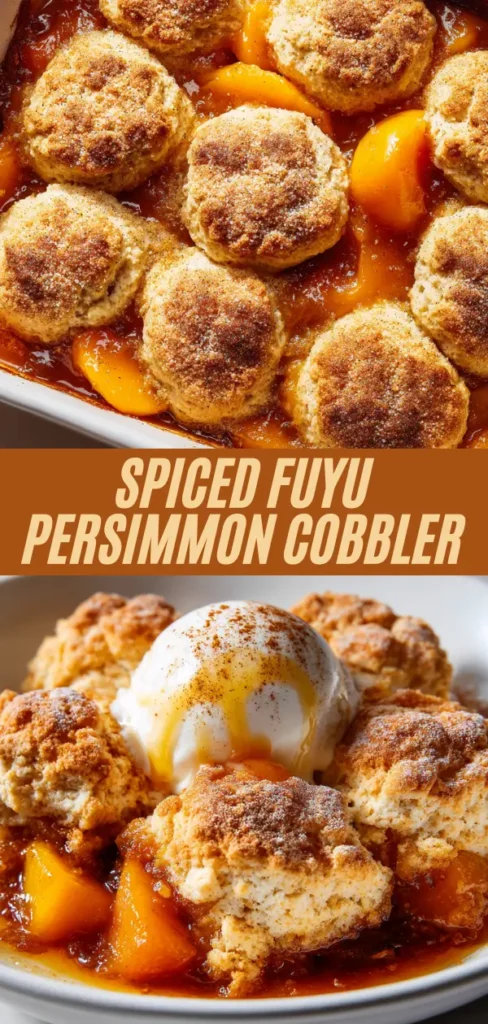 Spiced Fuyu persimmon cobbler recipe showing baking dish with biscuits and served bowls with melting ice cream multiple views