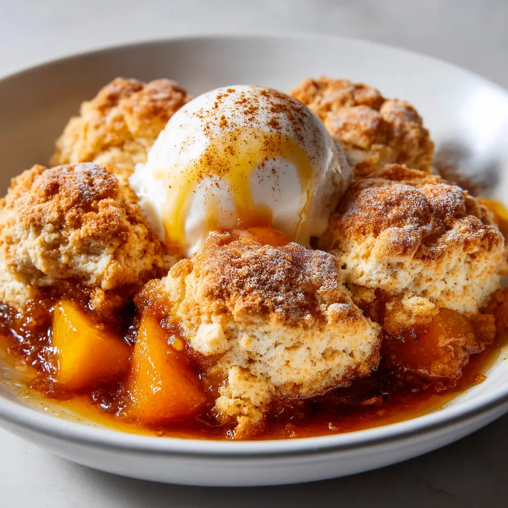 Spiced Fuyu persimmon cobbler topped with cinnamon dusted vanilla ice cream scoops over golden biscuit dumplings and peach-like fruit