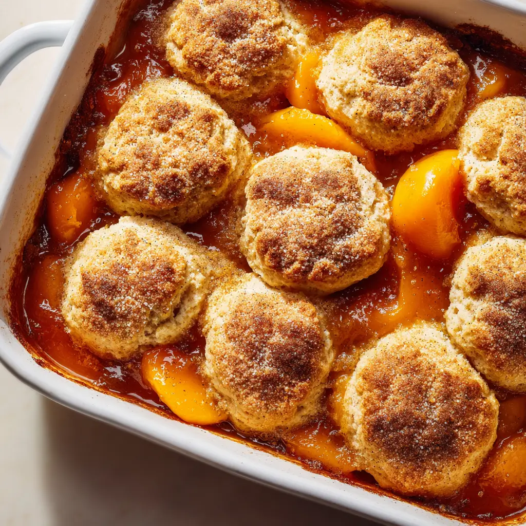 Spiced Fuyu persimmon cobbler fresh from oven in white baking dish with golden drop biscuits atop glossy spiced persimmon slices