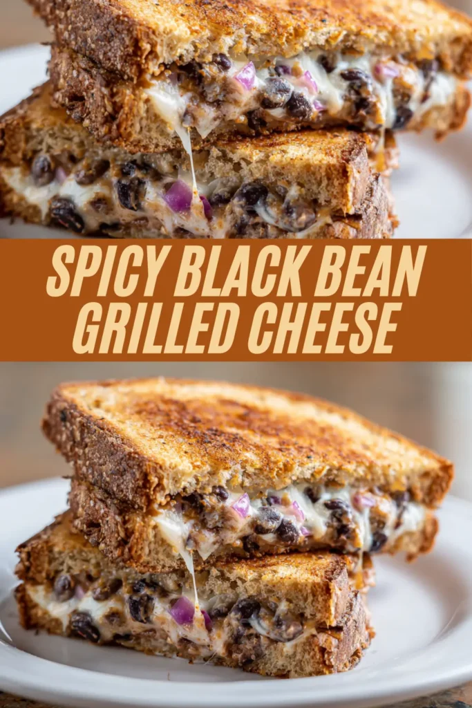 Spicy black bean grilled cheese sandwich collage showing melted cheese black beans red onions between toasted bread slices