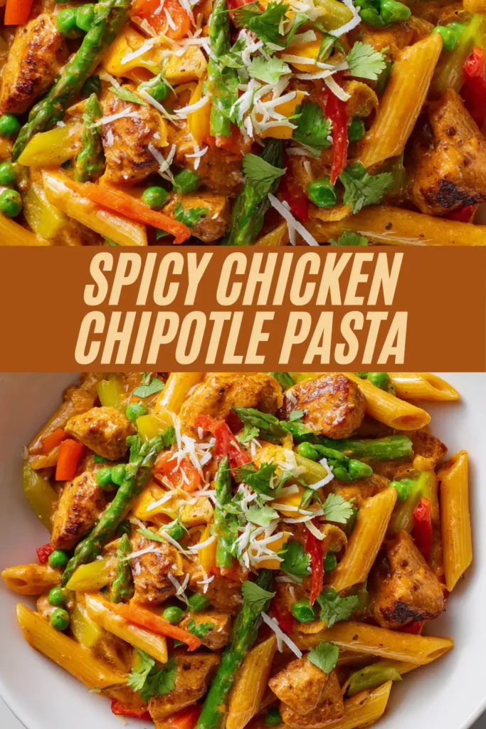 Vertical recipe graphic for spicy chicken chipotle pasta with bowls veggies and prominent title text