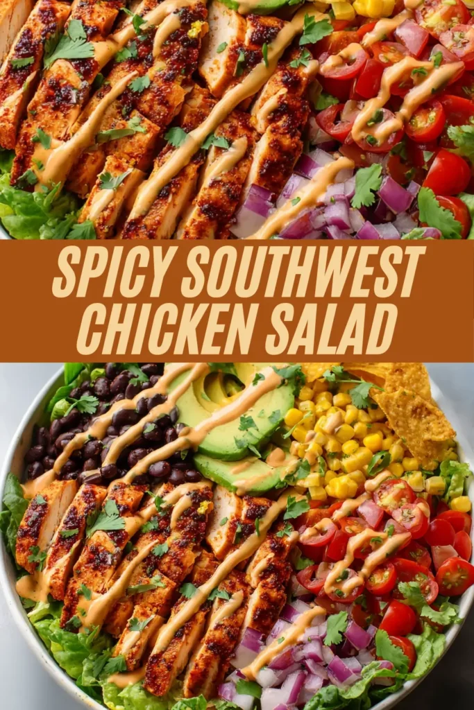 Spicy southwest chicken salad pin with grilled chicken bowl and closeup drizzled with crema tomatoes corn