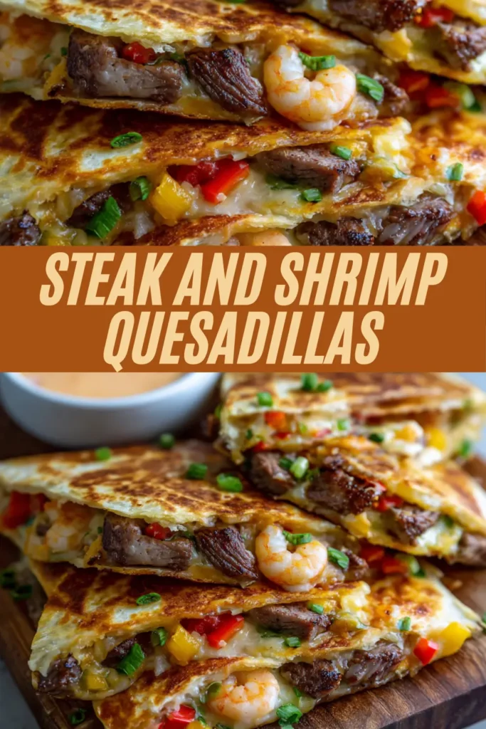STEAK AND SHRIMP QUESADILLAS overlay quesadillas crema bowl peppers shrimp steak.