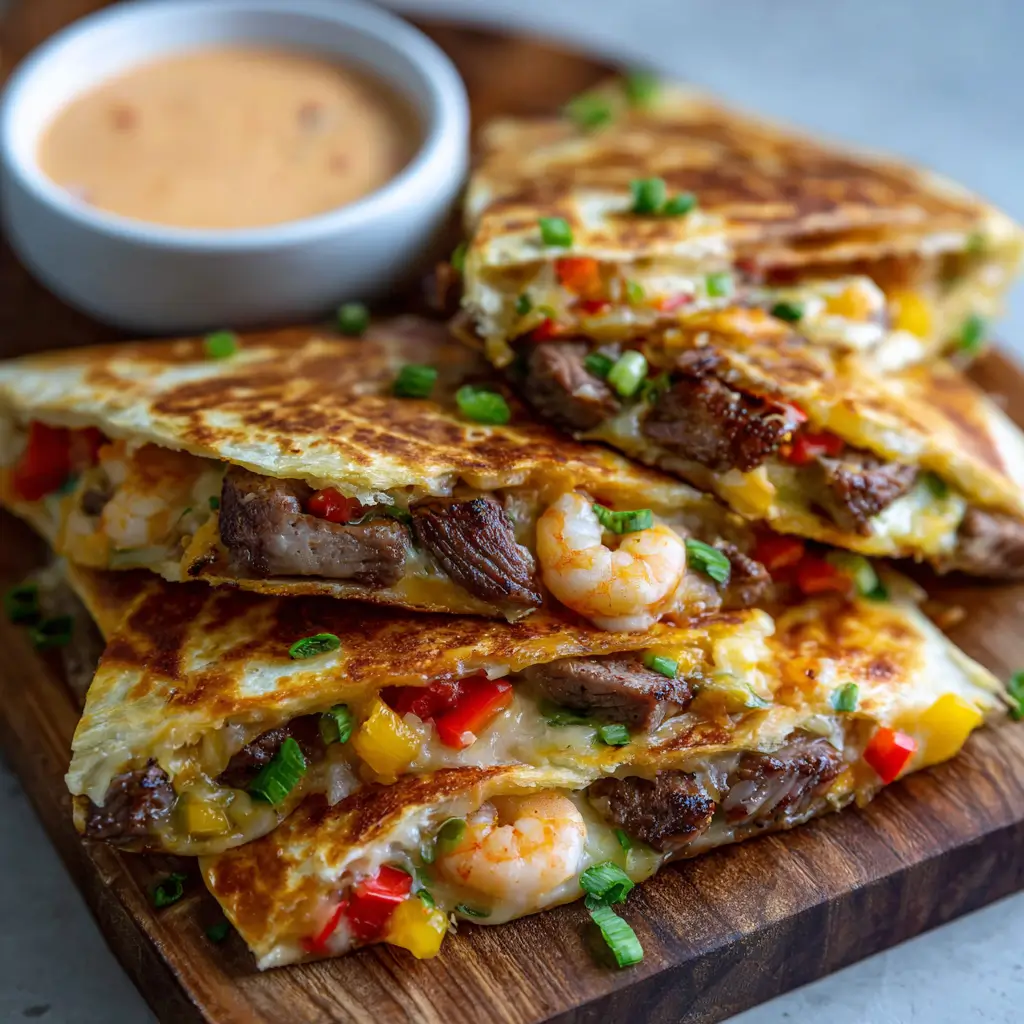 Surf turf steak shrimp quesadillas bell peppers cheese green onions crema bowl wood board.