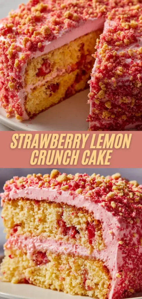 Sliced strawberry lemon crunch cake revealing moist cake layers, strawberry filling, pink frosting, and red crunchy topping