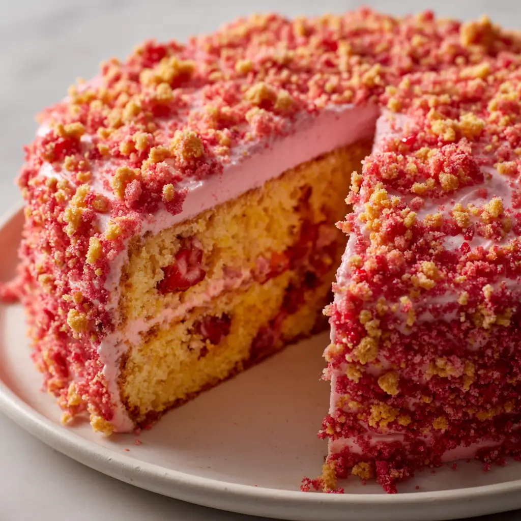 Strawberry lemon crunch cake whole with slice cut, pink frosting, crunchy topping, strawberry filling visible