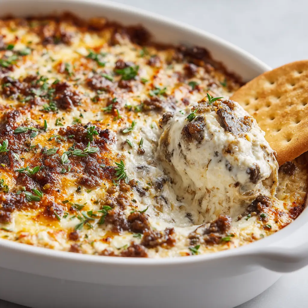 Baked cream cheese mushroom dip topped with browned bits, fresh parsley, served with crackers from oval dish