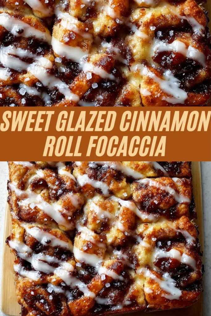 Sweet glazed cinnamon roll focaccia topped with thick creamy glaze over bubbly cinnamon sugar focaccia bread on wooden board