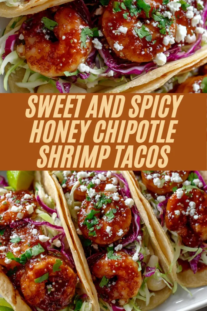 sweet and spicy honey chipotle shrimp tacos with purple slaw cotija cheese cilantro on platter with lime