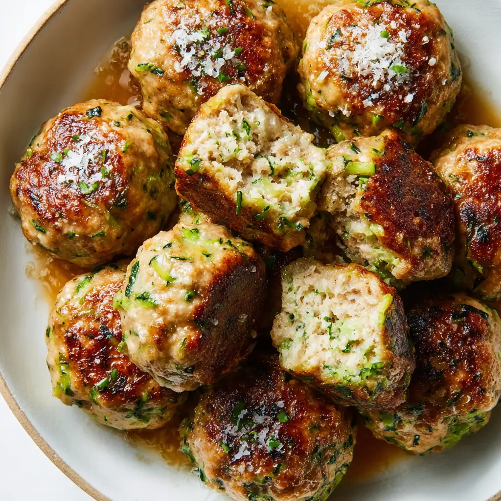 Golden turkey zucchini meatballs with visible zucchini shreds, parmesan topping, and glossy sauce in a bowl