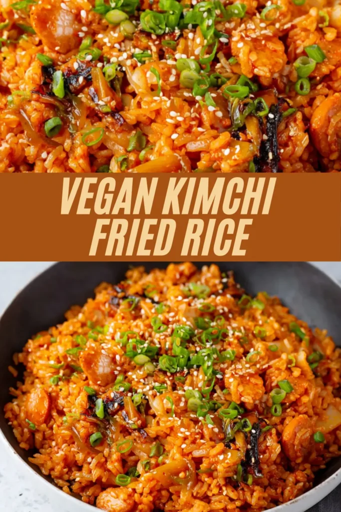 Vegan kimchi fried rice piled high with tofu bites, green onions, sesame in black bowl from multiple angles