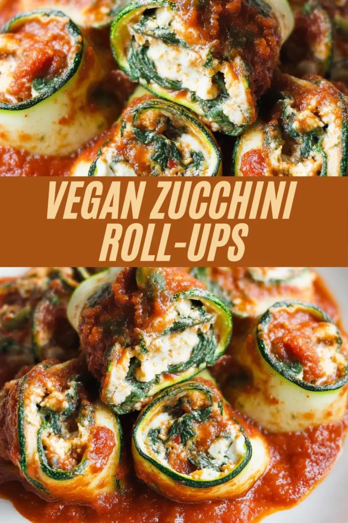 Vegan zucchini roll-ups with spinach vegan ricotta filling covered in marinara sauce stacked in white bowl