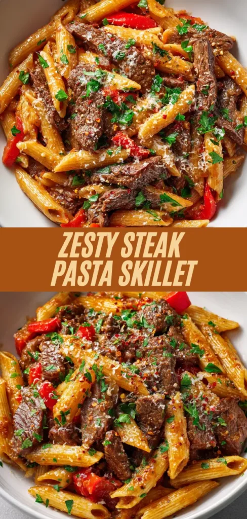 zesty steak pasta skillet with sliced steak, penne pasta, red bell peppers, parsley, parmesan from top and bowl perspectives
