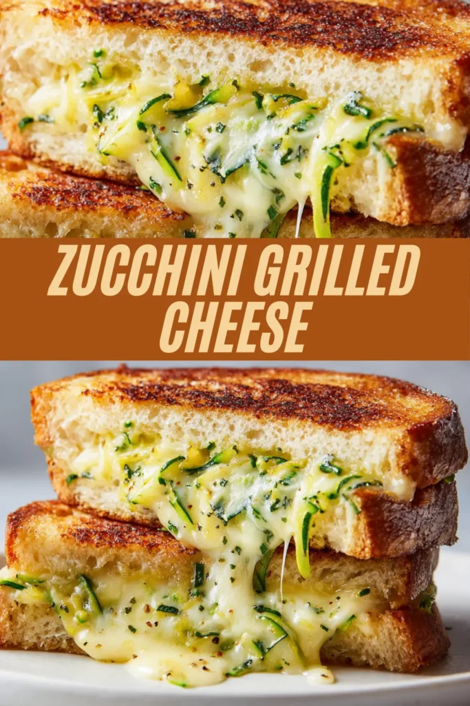 Stacked zucchini grilled cheese sandwiches oozing cheese with visible zucchini shreds between toasted bread slices