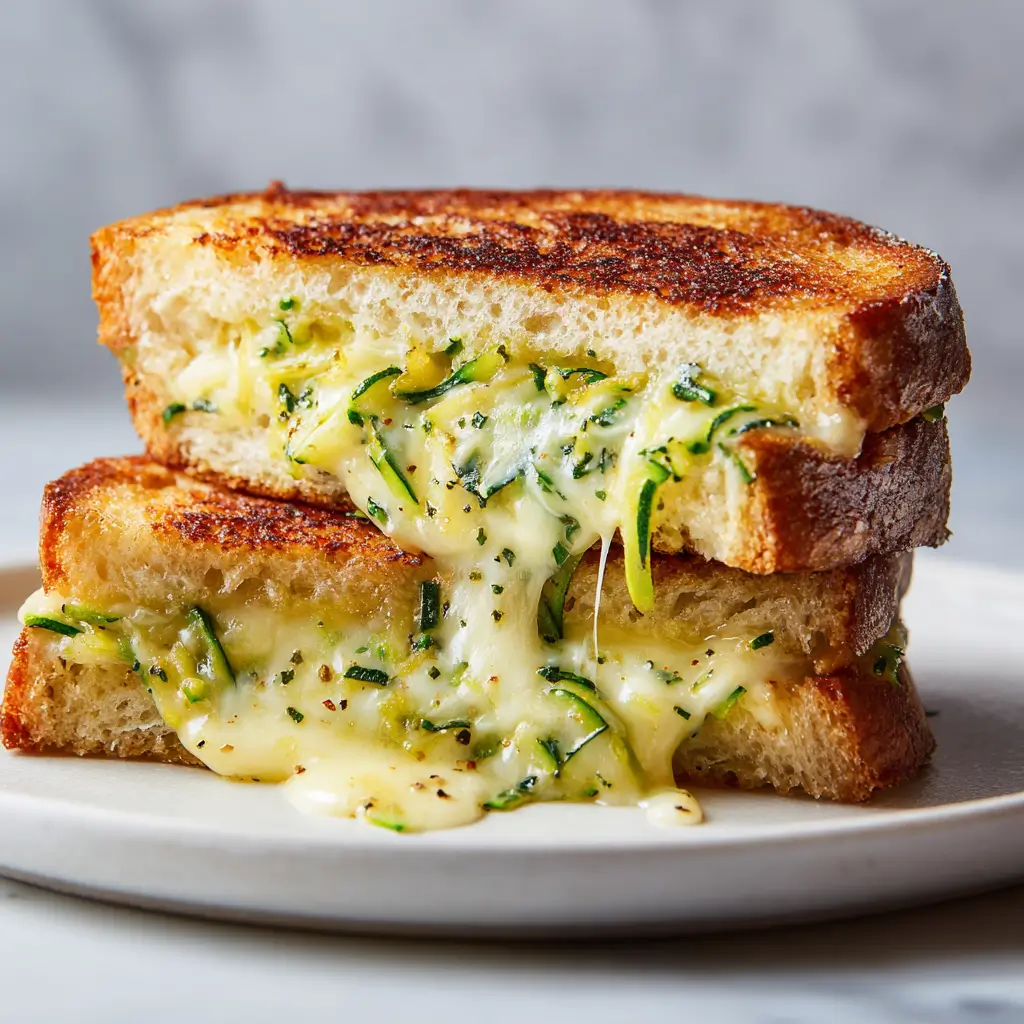 Golden toasted zucchini grilled cheese sandwiches with oozing melted cheese and grated zucchini filling