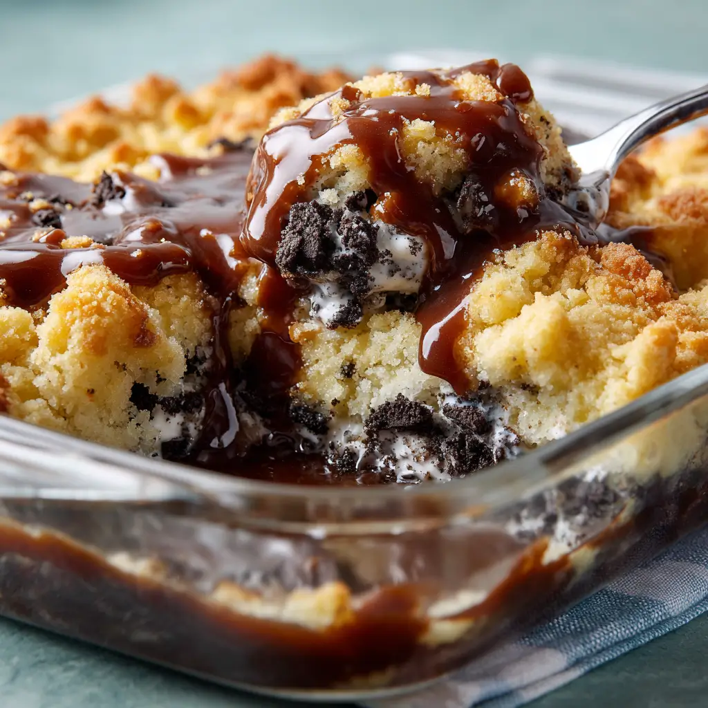 Overhead close-up of 3-step Oreo cobbler in glass dish with golden cake chunks embedded with Oreos, glossy chocolate syrup cascade, fork digging in revealing gooey layers