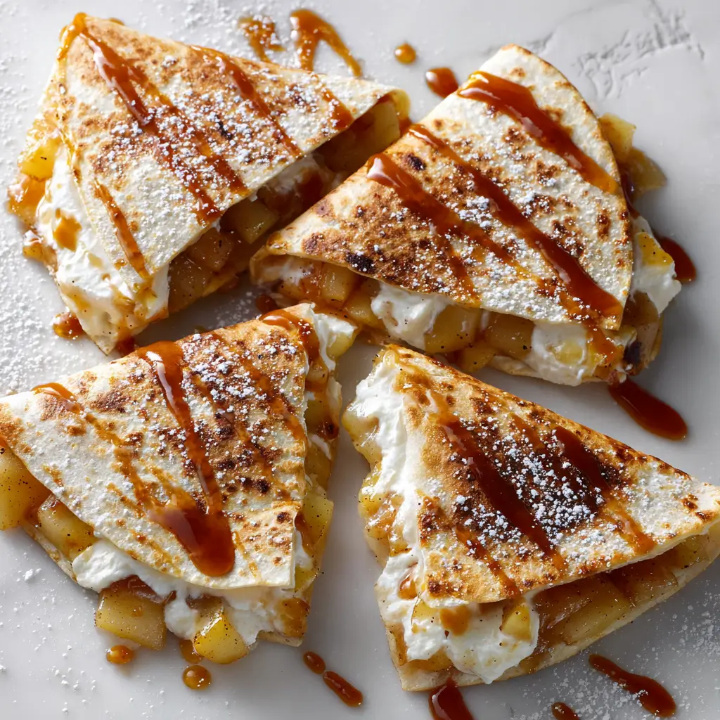 Four golden apple cinnamon breakfast quesadilla wedges drizzled with caramel sauce and powdered sugar on white surface