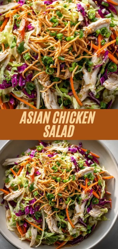 colorful asian chicken salad bowl topped with crispy chow mein noodles and scallions