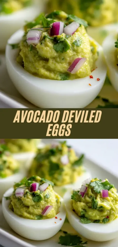 Vibrant green avocado deviled eggs topped with red onions cilantro and paprika served on a white platter