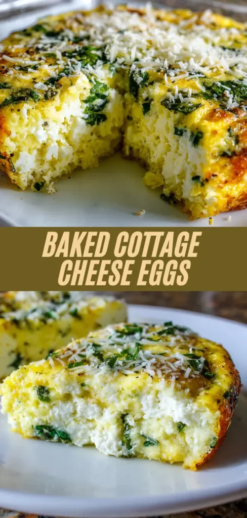 Baked cottage cheese eggs with spinach on plate, golden fluffy texture, sliced to show creamy interior