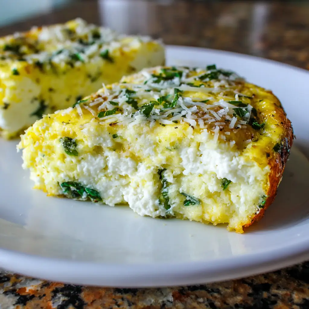 Sliced baked cottage cheese eggs showing fluffy interior with spinach, herbs, and feta cheese
