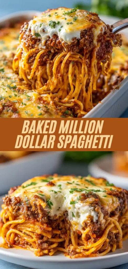 Vertical Pinterest pin of baked million dollar spaghetti with serving spoon lifting cheesy portion, plated slice, overlaid text "Baked Million Dollar Spaghetti" emphasizing saucy layers