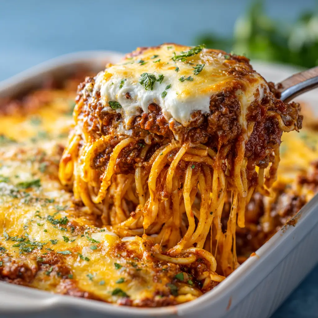 Gooey serving spoon lifting baked million dollar spaghetti from dish, stretchy cheese layers, meat sauce, parsley topping against blue backdrop with casserole in background