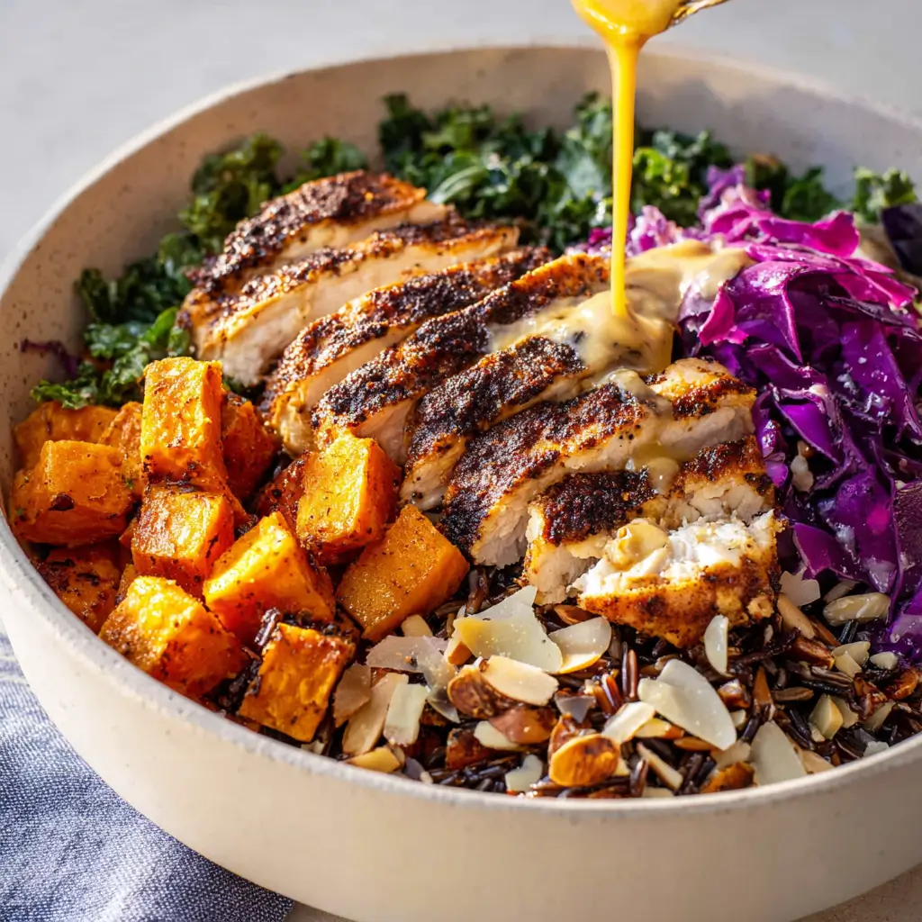 Dynamic close-up of golden honey mustard sauce pouring over blackened chicken, roasted sweet potatoes, wild rice, kale, purple cabbage, and almonds in a textured bowl.