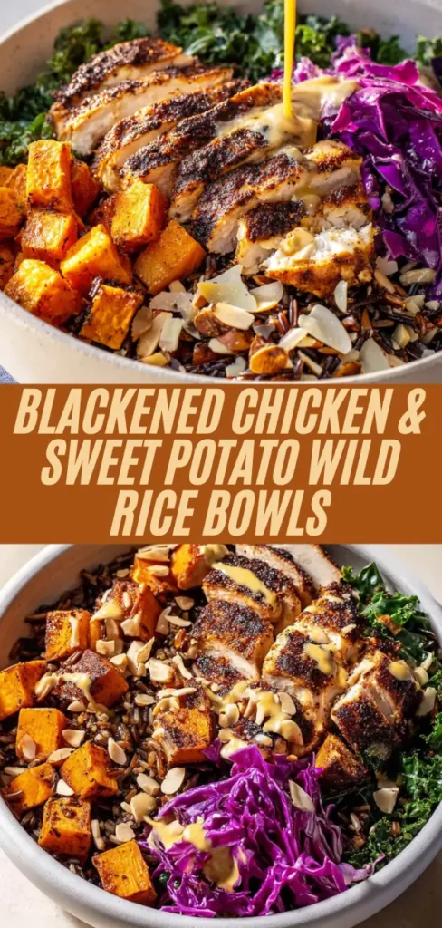 blackened chicken sweet potato wild rice bowls with sauce drizzle, colorful veggies, almonds, and overlaid title text.